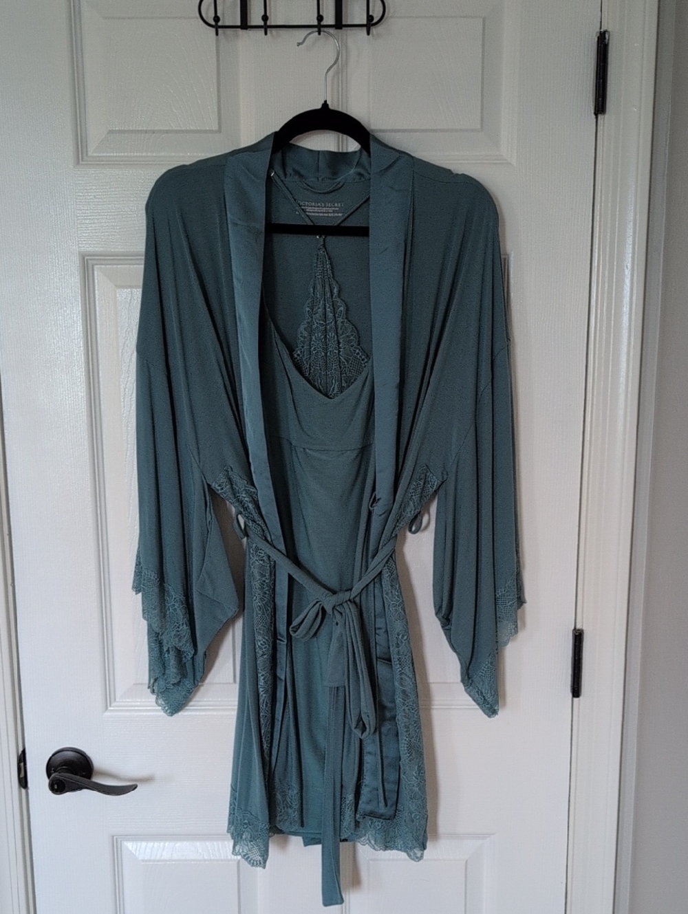 2 Piece Set - Victoria's Secret Teal Lace-Trim Robe & Matching Slip